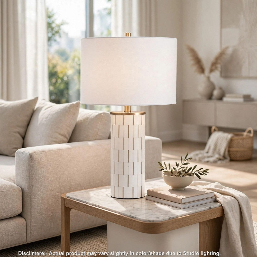 Fara Table Lamp | Cylindrical Base | Mosaic Pattern | White | Brass 29"