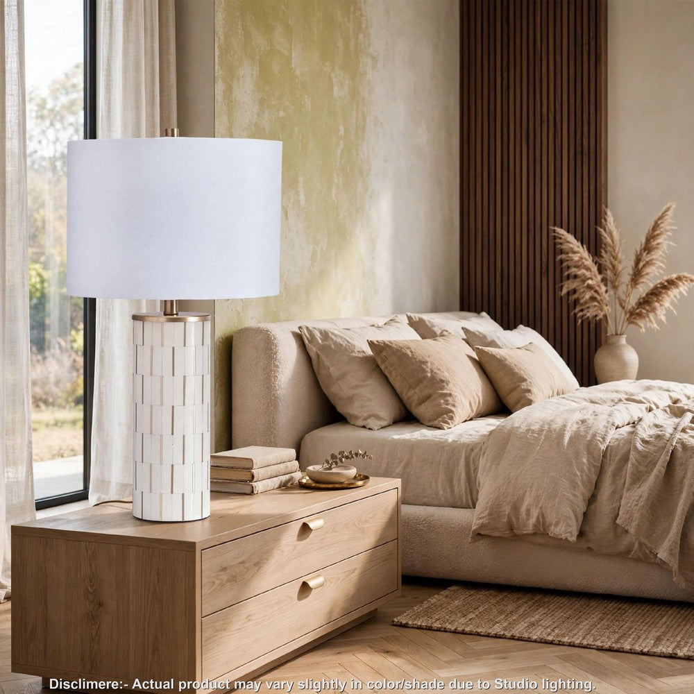 Fara Table Lamp | Cylindrical Base | Mosaic Pattern | White | Brass 29"