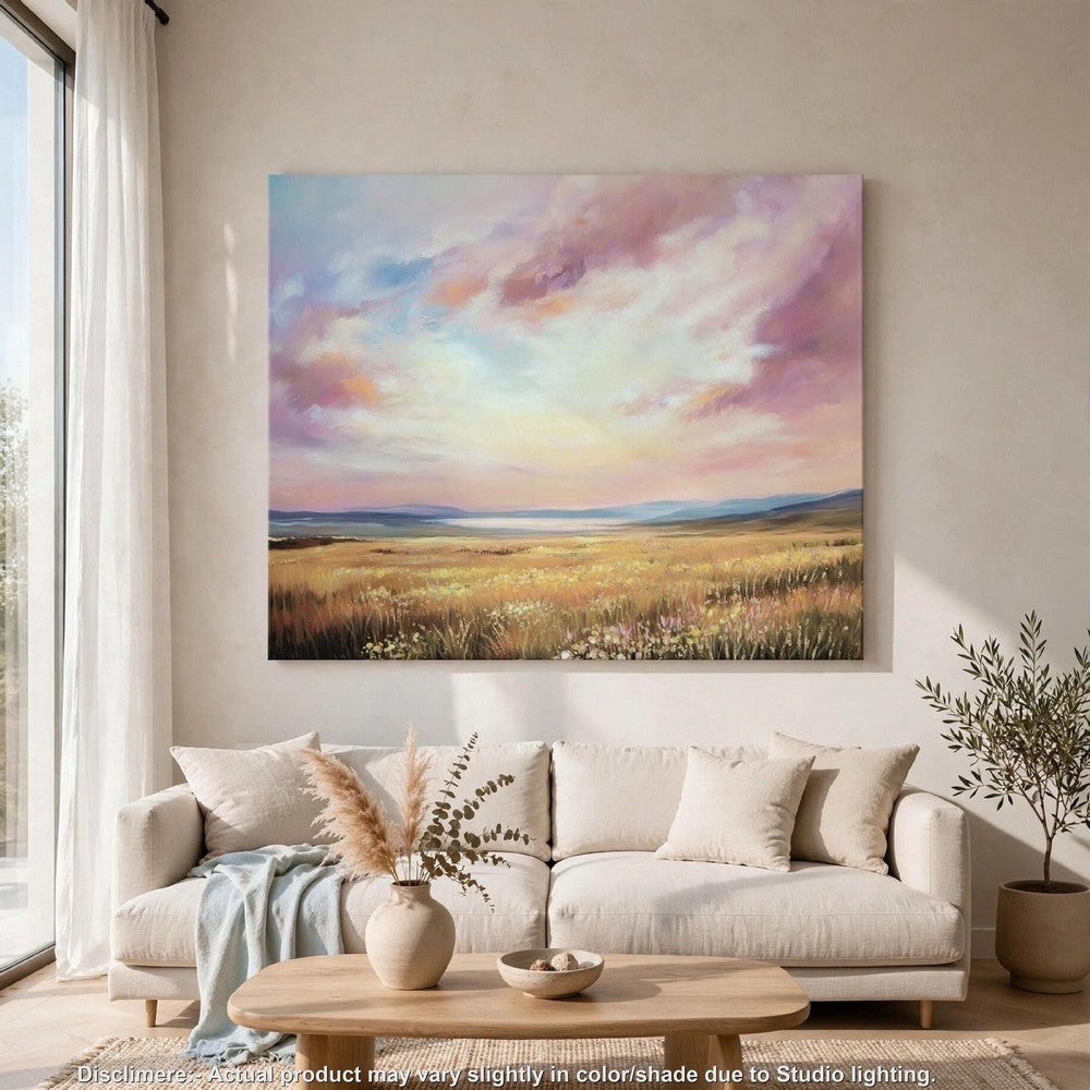 Roly Wall Art | Hand Painted Floral Landscape |  Pink and Blue Canvas 40x50