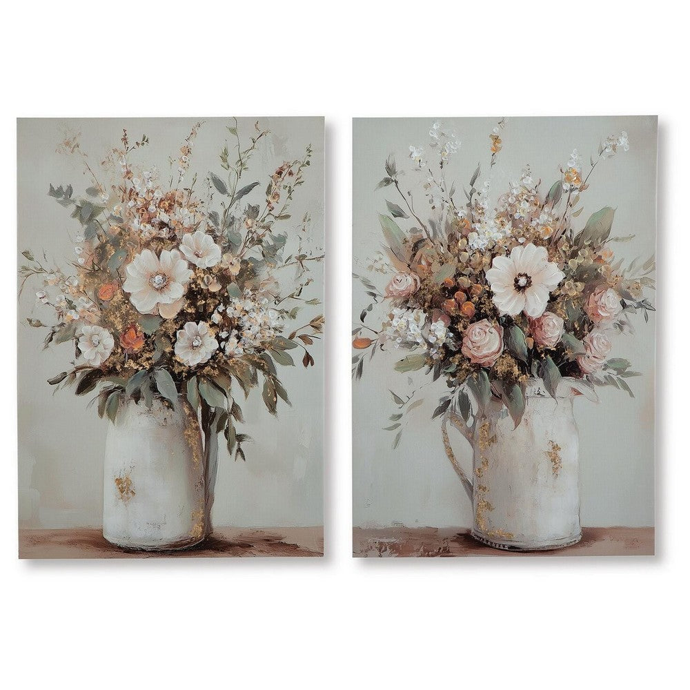 Faiz Wall Art Set of 2 | Pitcher w Flowers | Embellished Gold Foil | Gray 24x35