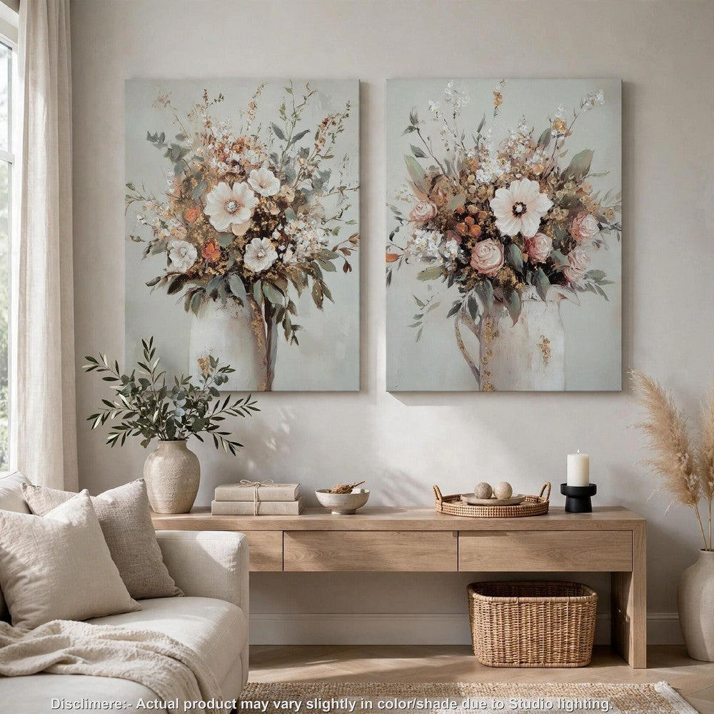 Faiz Wall Art Set of 2 | Pitcher w Flowers | Embellished Gold Foil | Gray 24x35