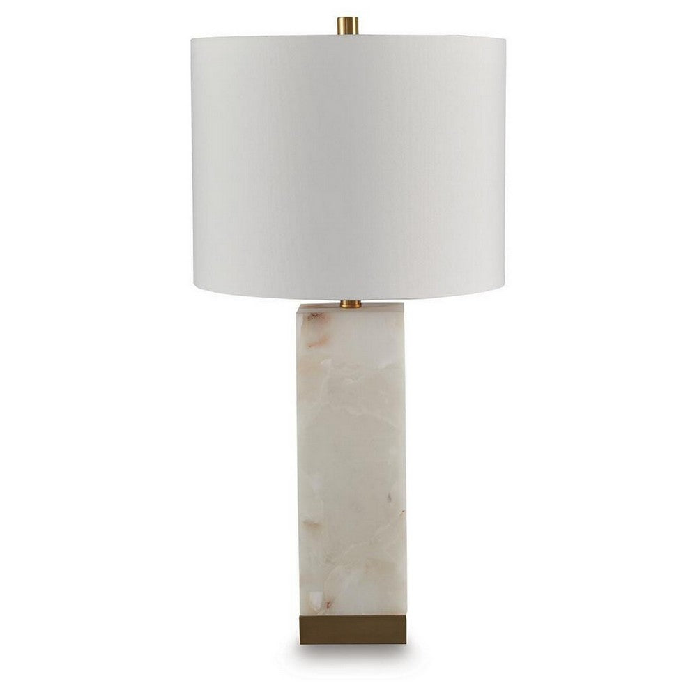 Linde Table Lamp w Nightlight | Alabaster Block Body | White | Gold 29"