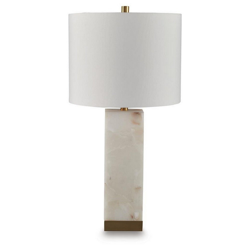 Linde Table Lamp w Nightlight | Alabaster Block Body | White | Gold 29"
