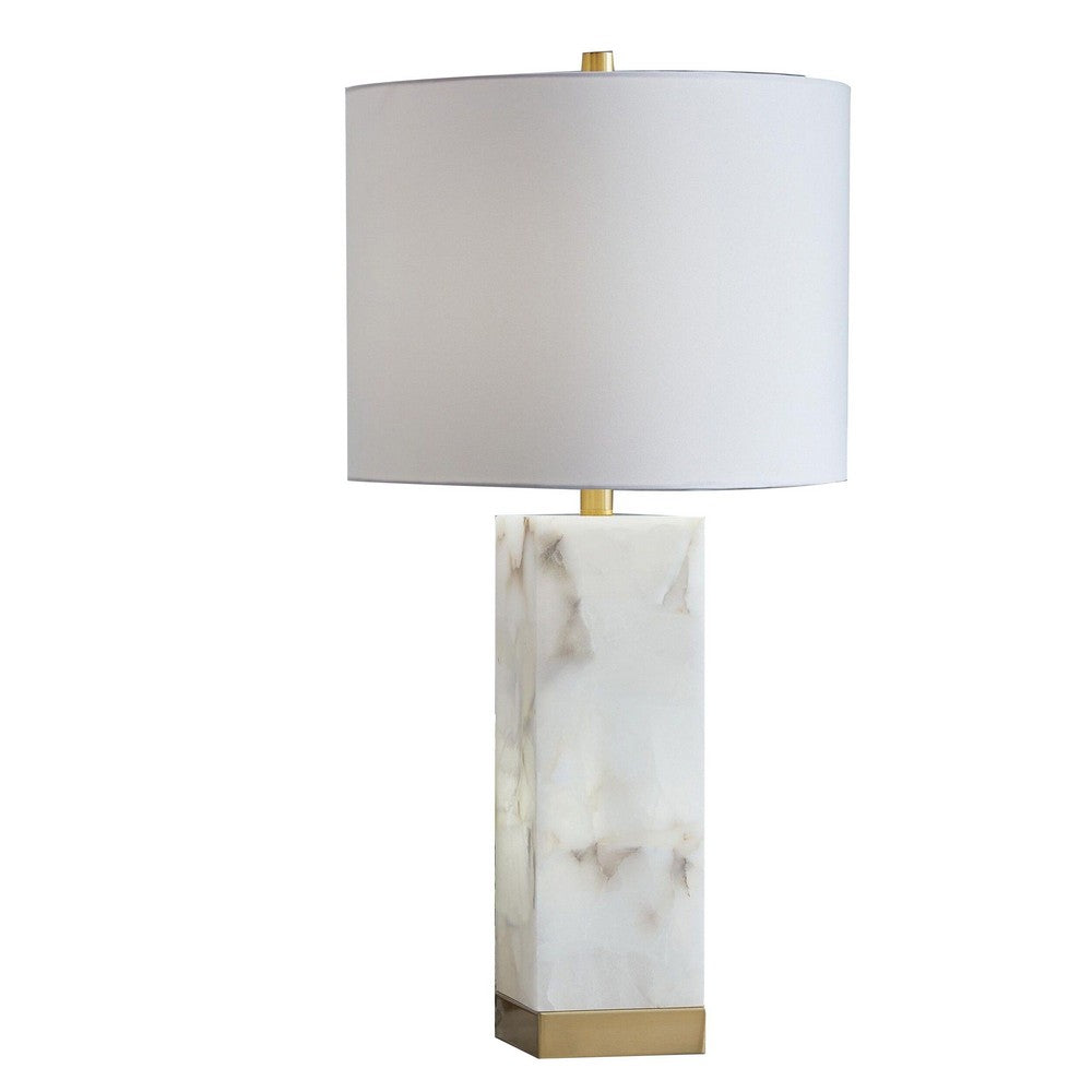 Linde Table Lamp w Nightlight | Alabaster Block Body | White | Gold 29"