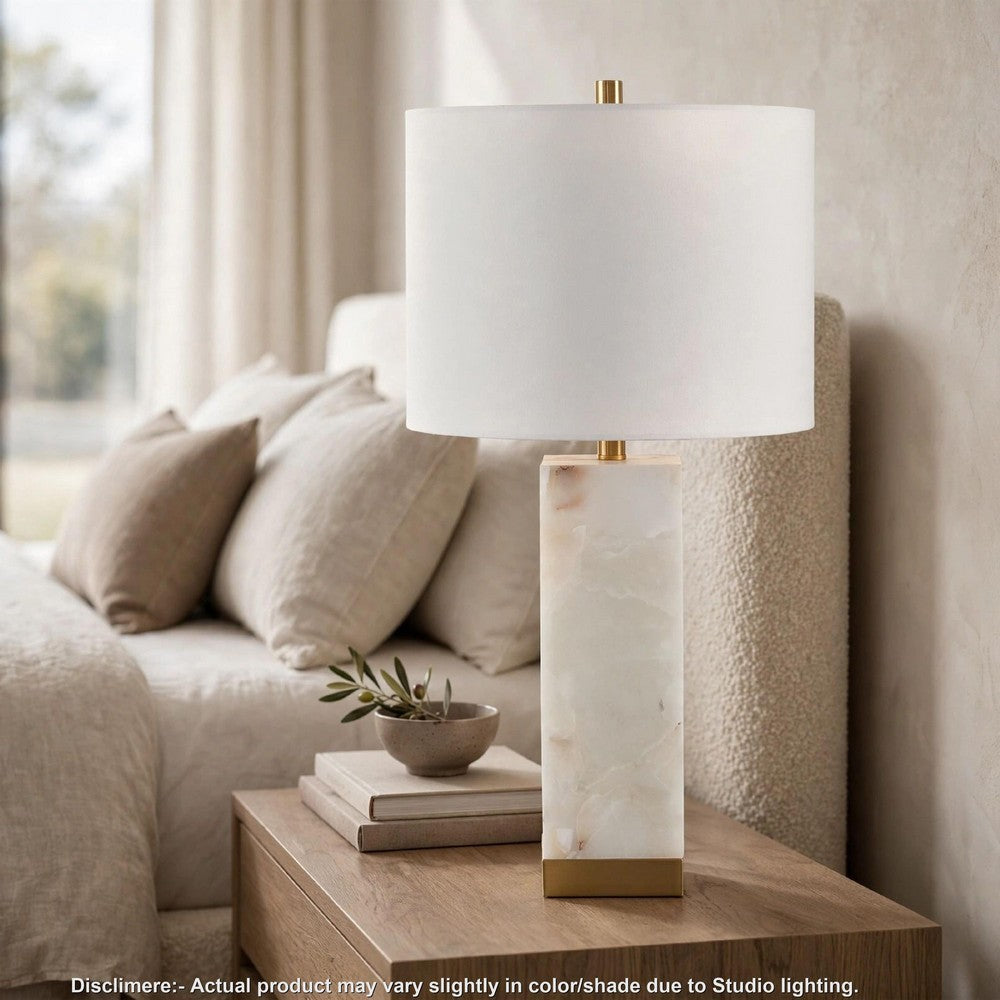 Linde Table Lamp w Nightlight | Alabaster Block Body | White | Gold 29"