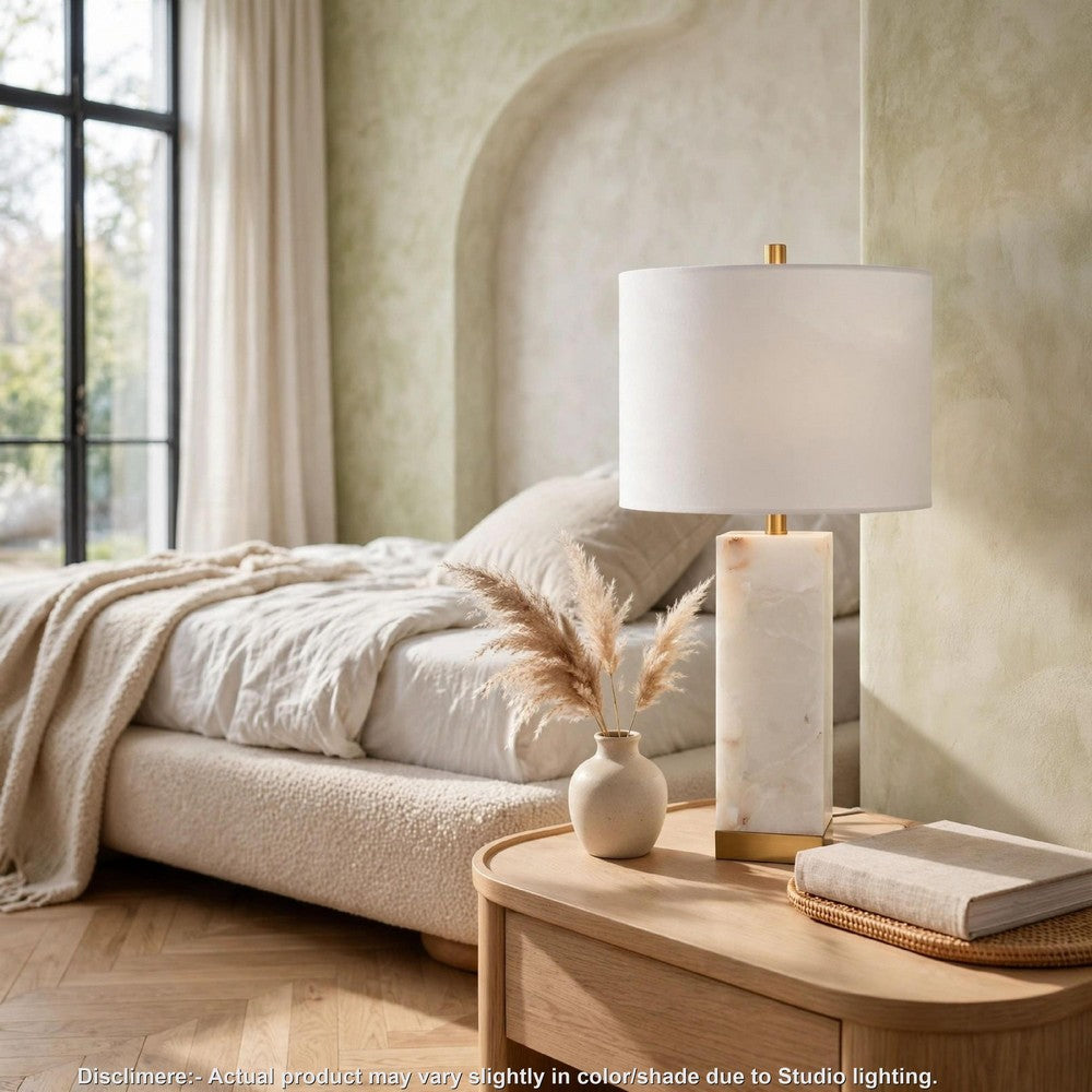Linde Table Lamp w Nightlight | Alabaster Block Body | White | Gold 29"