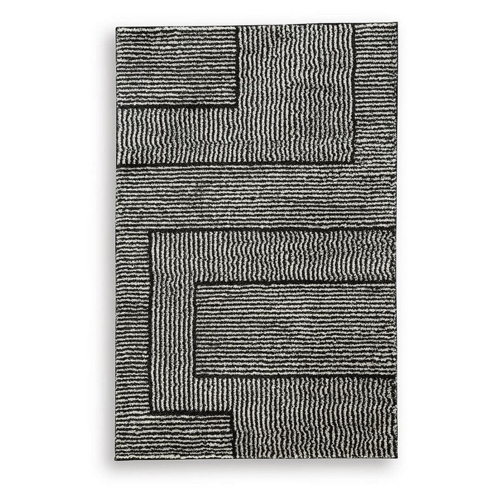 Mera Geometric Medium Area Rug | Black and Ivory Polypropylene Frieze 5x7