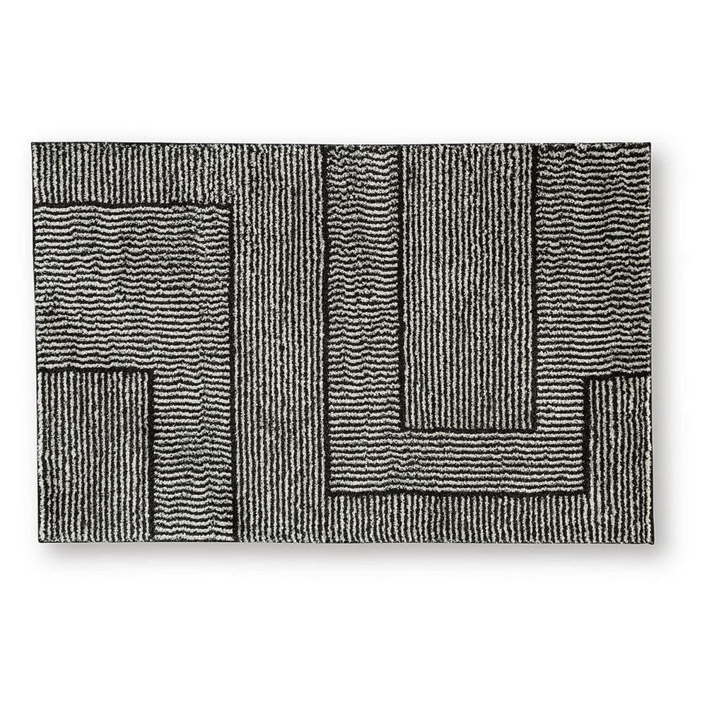 Mera Geometric Medium Area Rug | Black and Ivory Polypropylene Frieze 5x7