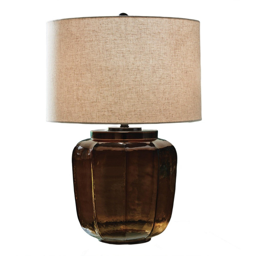 Besa Table Lamp | Amber Brown Glow Glass | Beige Drum Shade | 28"