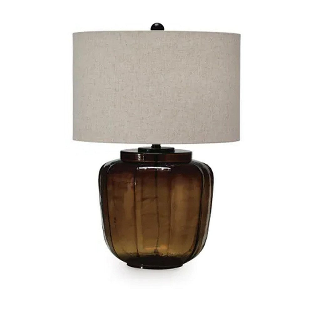 Besa Table Lamp | Amber Brown Glow Glass | Beige Drum Shade | 28"