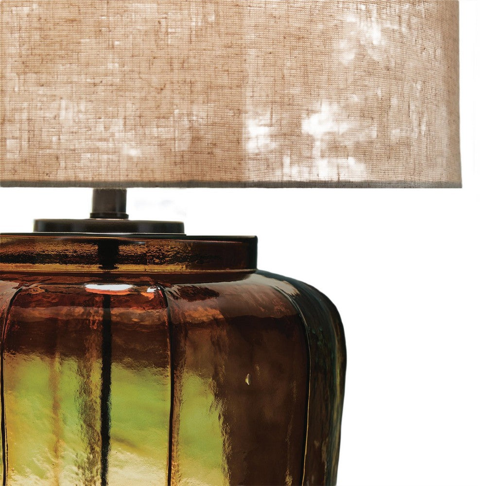 Besa Table Lamp | Amber Brown Glow Glass | Beige Drum Shade | 28"