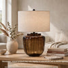 Besa Table Lamp | Amber Brown Glow Glass | Beige Drum Shade | 28"