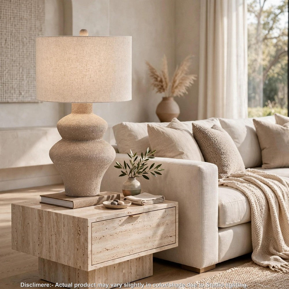 Nesa Table Lamp | Beige Textured Finish | Drum Hardback Shade | 32"