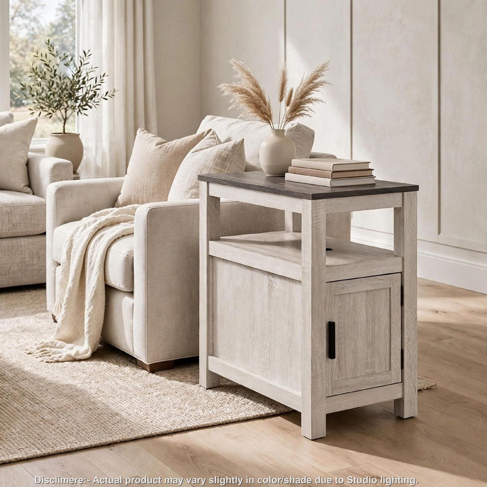 Mesa Chair Side End Table | Open Shelf | USB Ports | Antique White | 25"