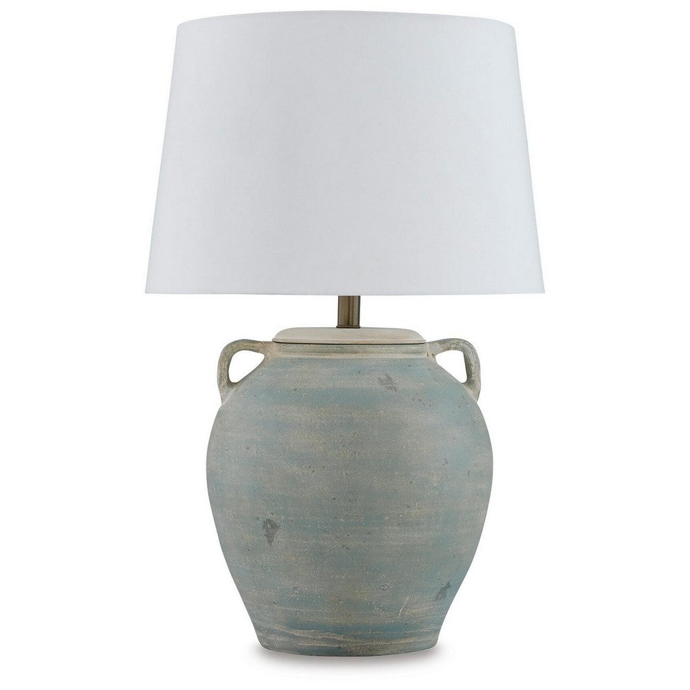 Fesa Table Lamp | Antiqued Green Terracotta | White Drum Shade | 29"
