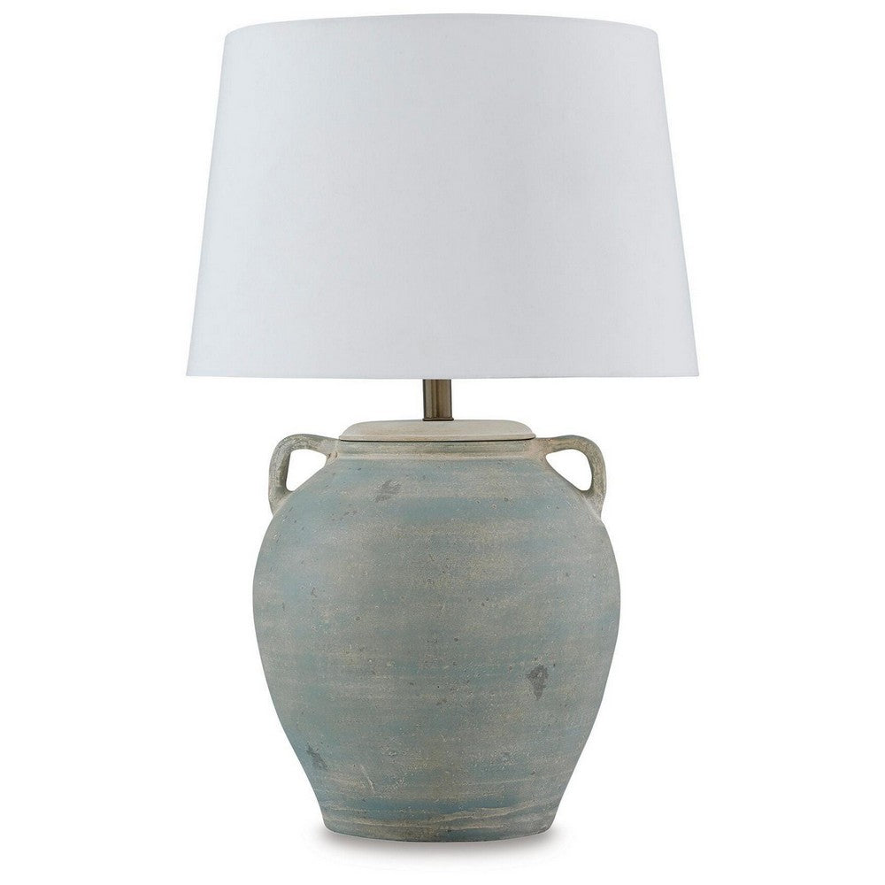 Fesa Table Lamp | Antiqued Green Terracotta | White Drum Shade | 29"