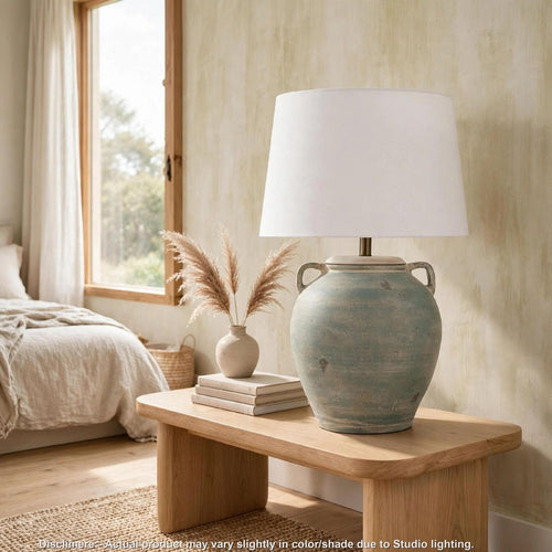 Fesa Table Lamp | Antiqued Green Terracotta | White Drum Shade | 29"