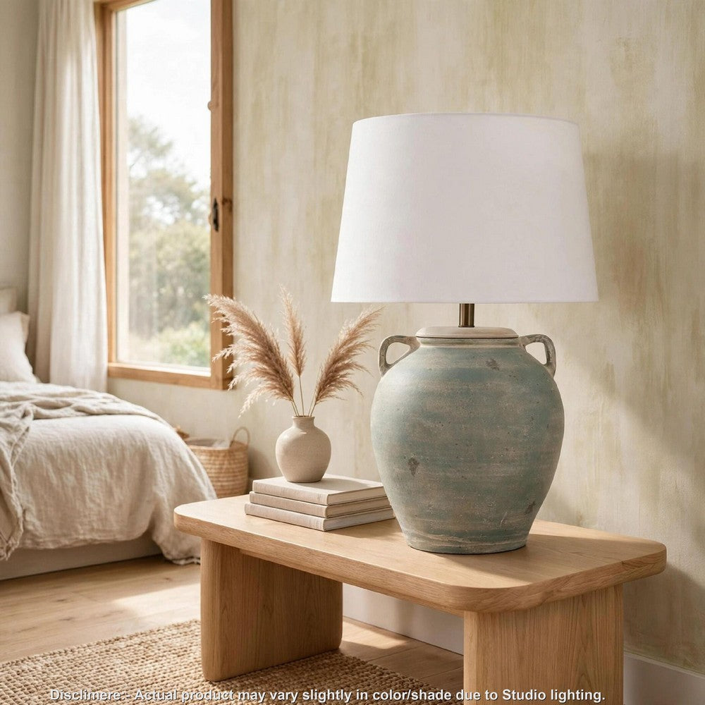 Fesa Table Lamp | Antiqued Green Terracotta | White Drum Shade | 29"