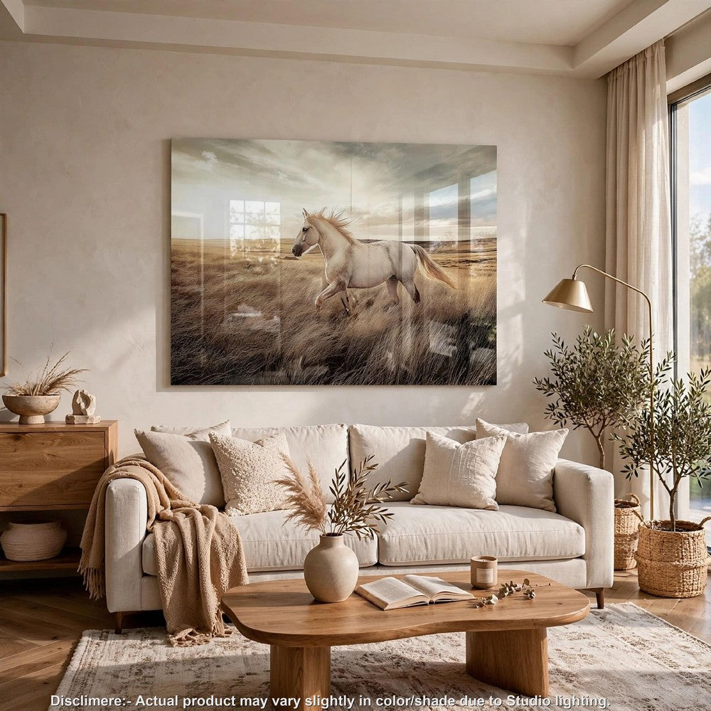 Tiya Wall Art Painting | Wild Horse Galloping Glass Print | Golden 36x48