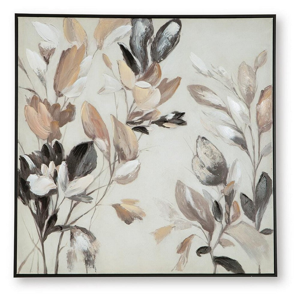 Repy Wall Art Painting | Botanical Floral Tan Brown | Black Frame | 40x40