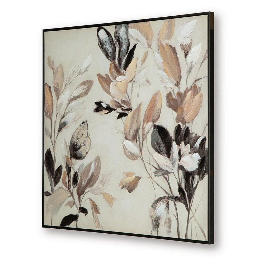 Repy Wall Art Painting | Botanical Floral Tan Brown | Black Frame | 40x40