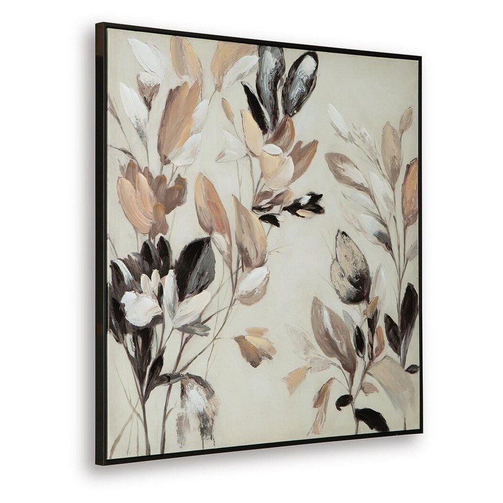 Repy Wall Art Painting | Botanical Floral Tan Brown | Black Frame | 40x40