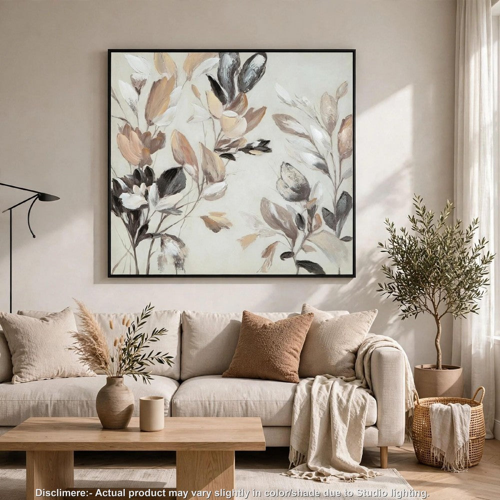 Repy Wall Art Painting | Botanical Floral Tan Brown | Black Frame | 40x40
