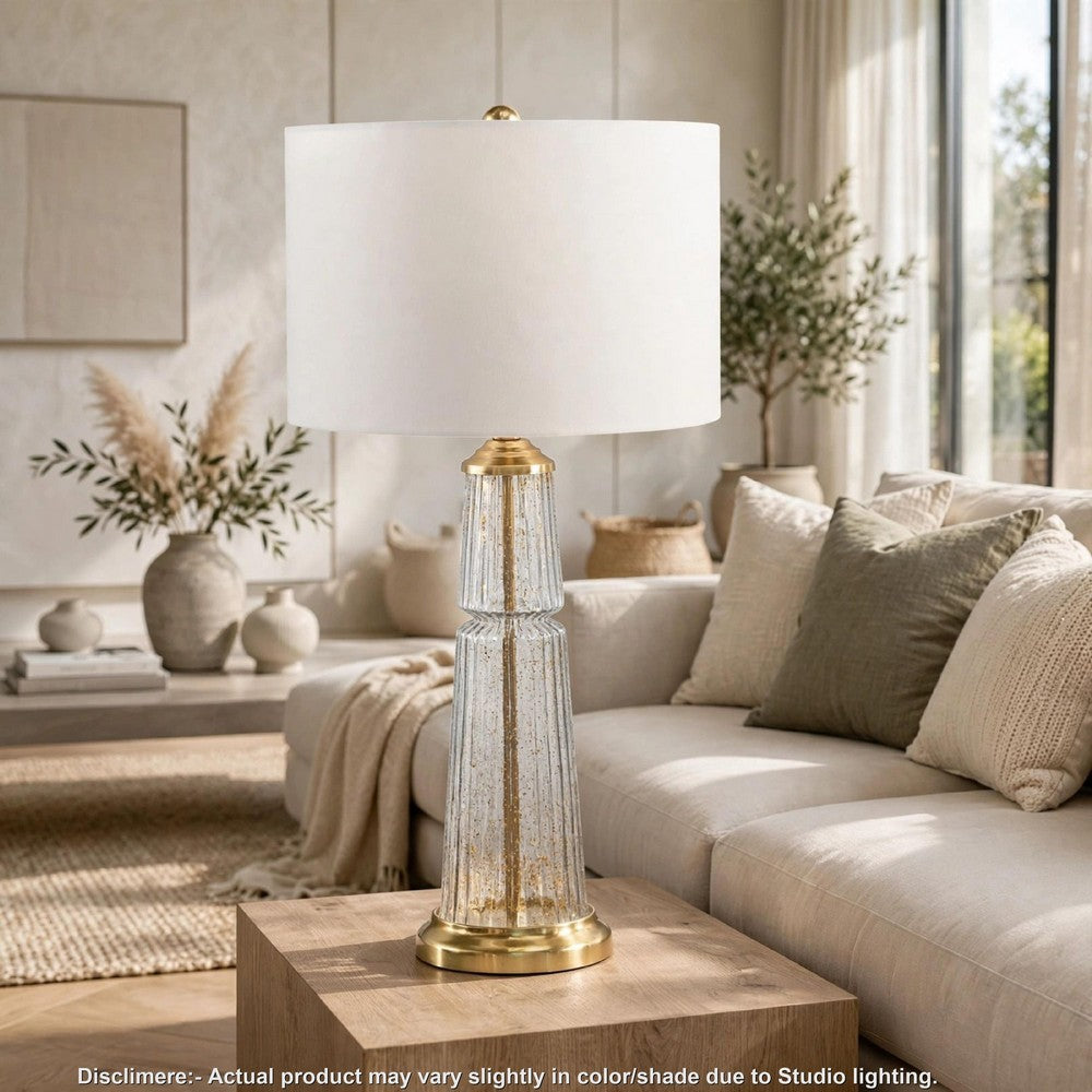 Bepy Table Lamp | Fluted Glass Gold Tone Flecks | White Drum Shade | 34"