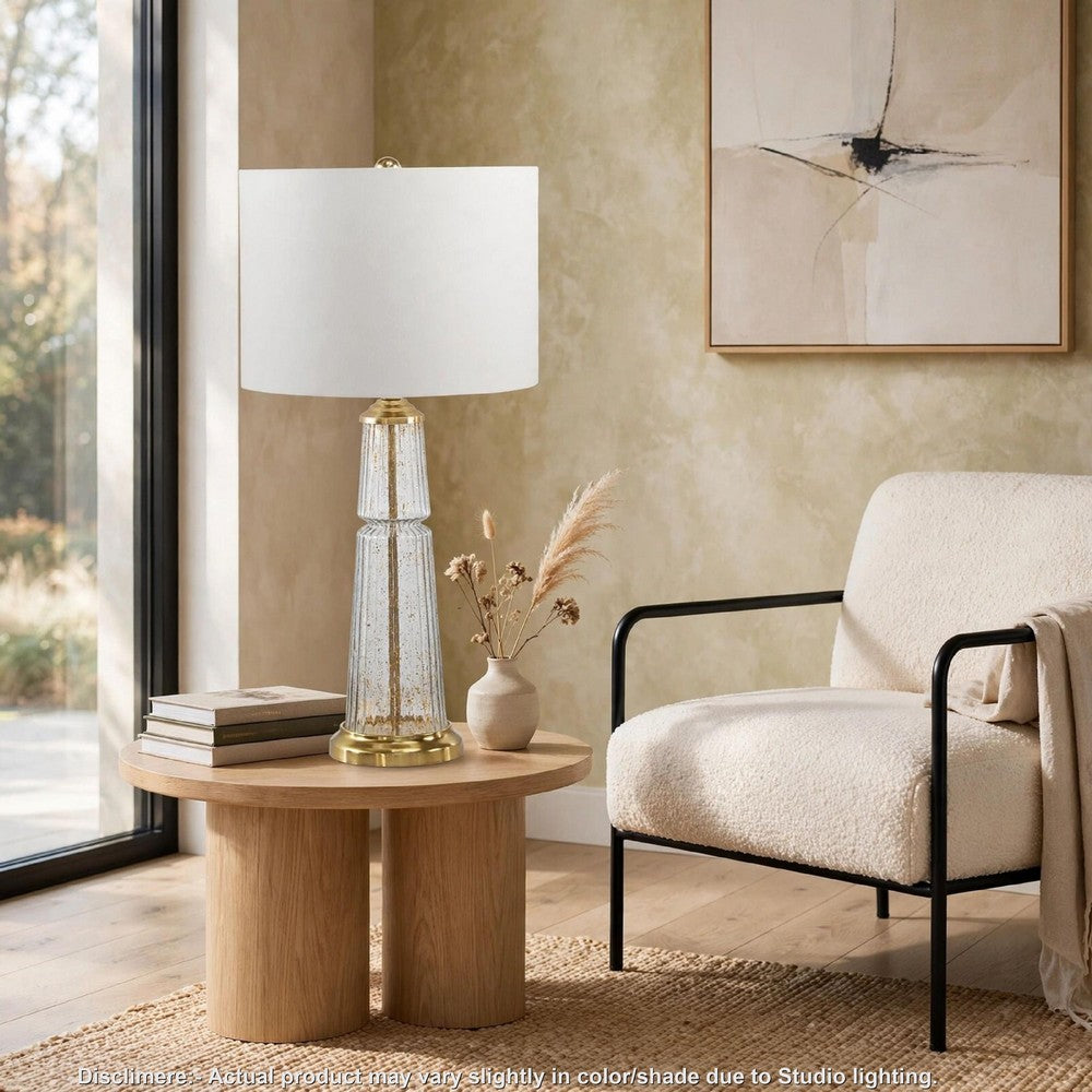 Bepy Table Lamp | Fluted Glass Gold Tone Flecks | White Drum Shade | 34"