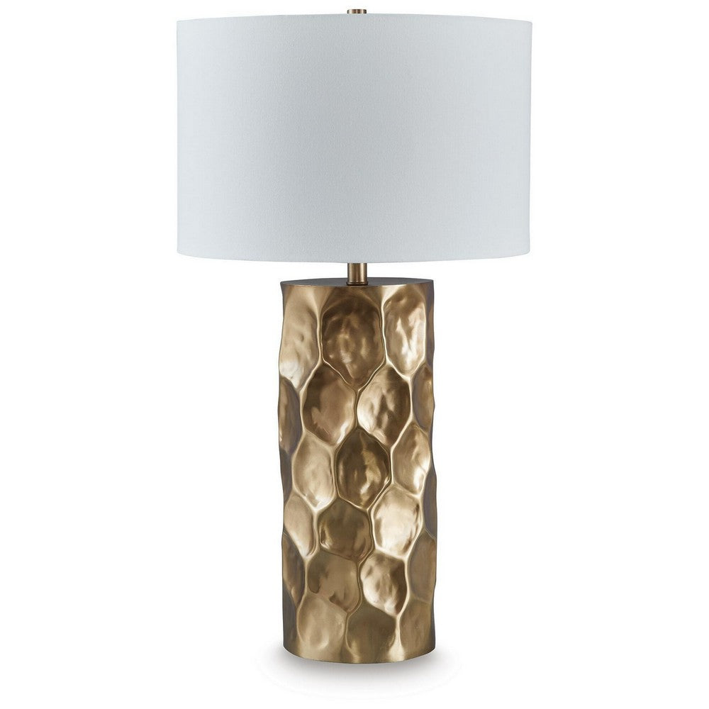 Mepy Table Lamp | Gold Metal Hammered Base | White Drum Shade | 34"