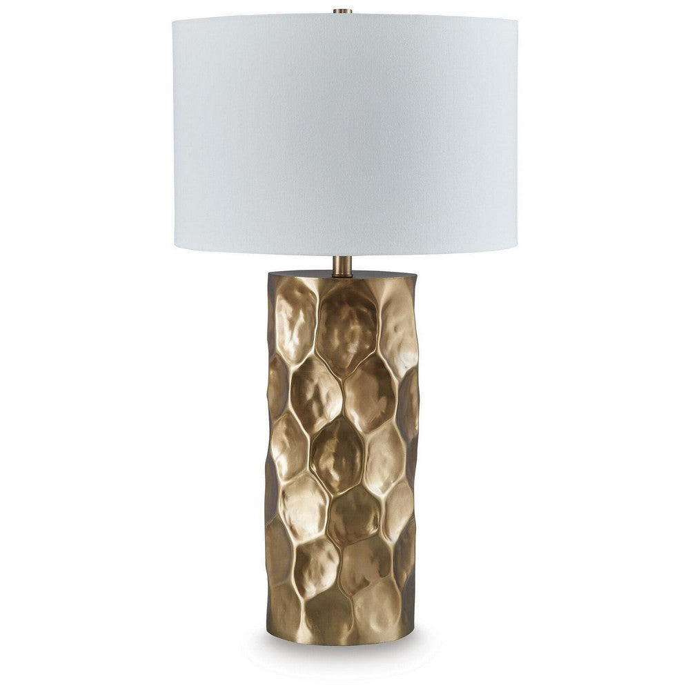 Mepy Table Lamp | Gold Metal Hammered Base | White Drum Shade | 34"