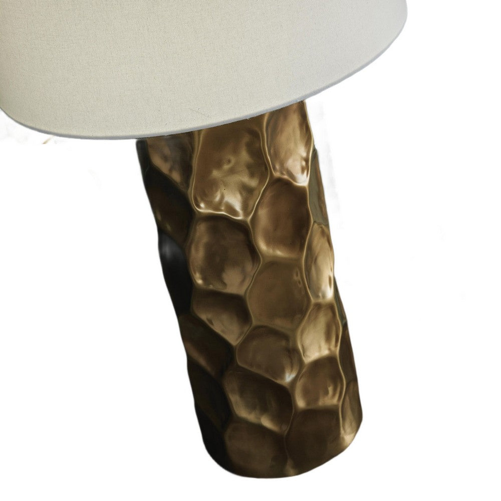 Mepy Table Lamp | Gold Metal Hammered Base | White Drum Shade | 34"
