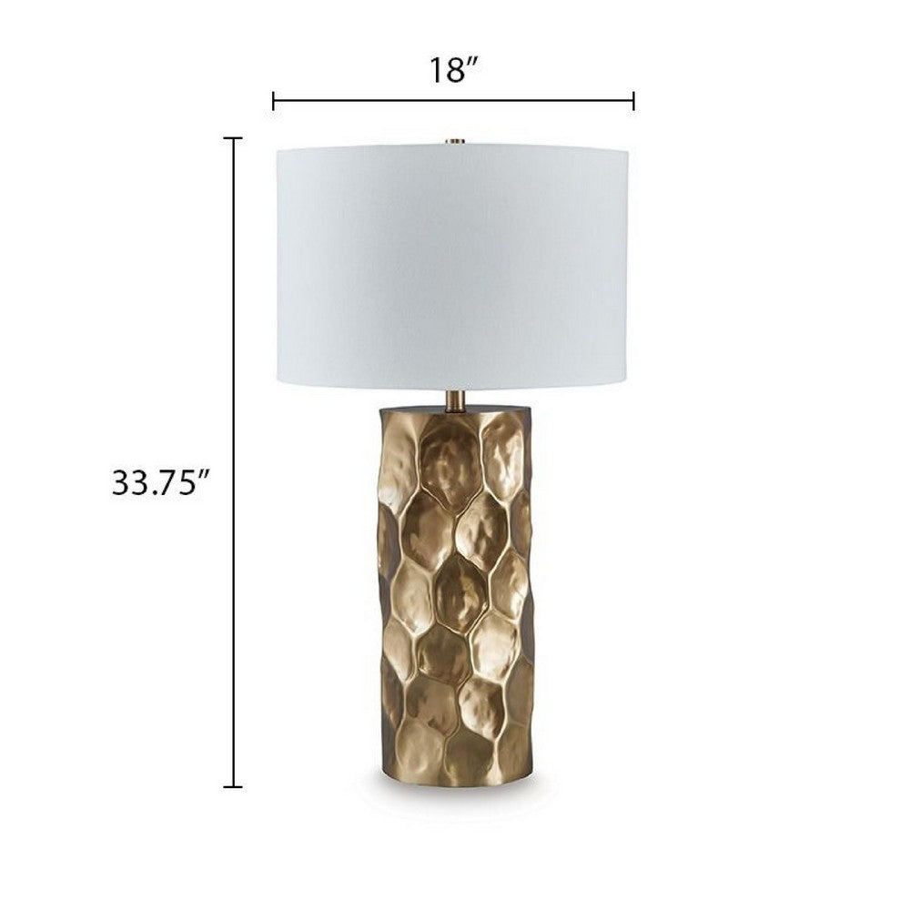 Mepy Table Lamp | Gold Metal Hammered Base | White Drum Shade | 34"