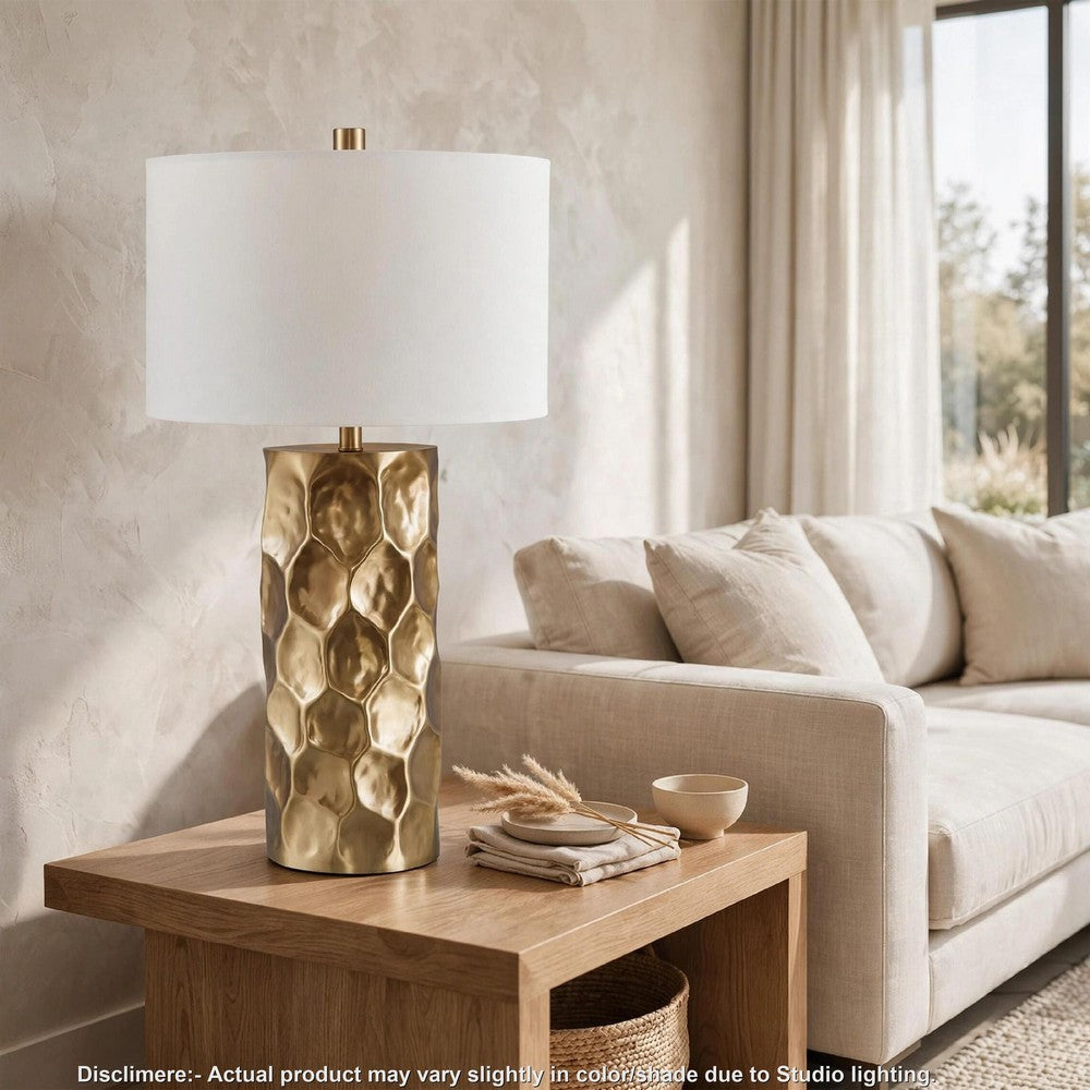 Mepy Table Lamp | Gold Metal Hammered Base | White Drum Shade | 34"
