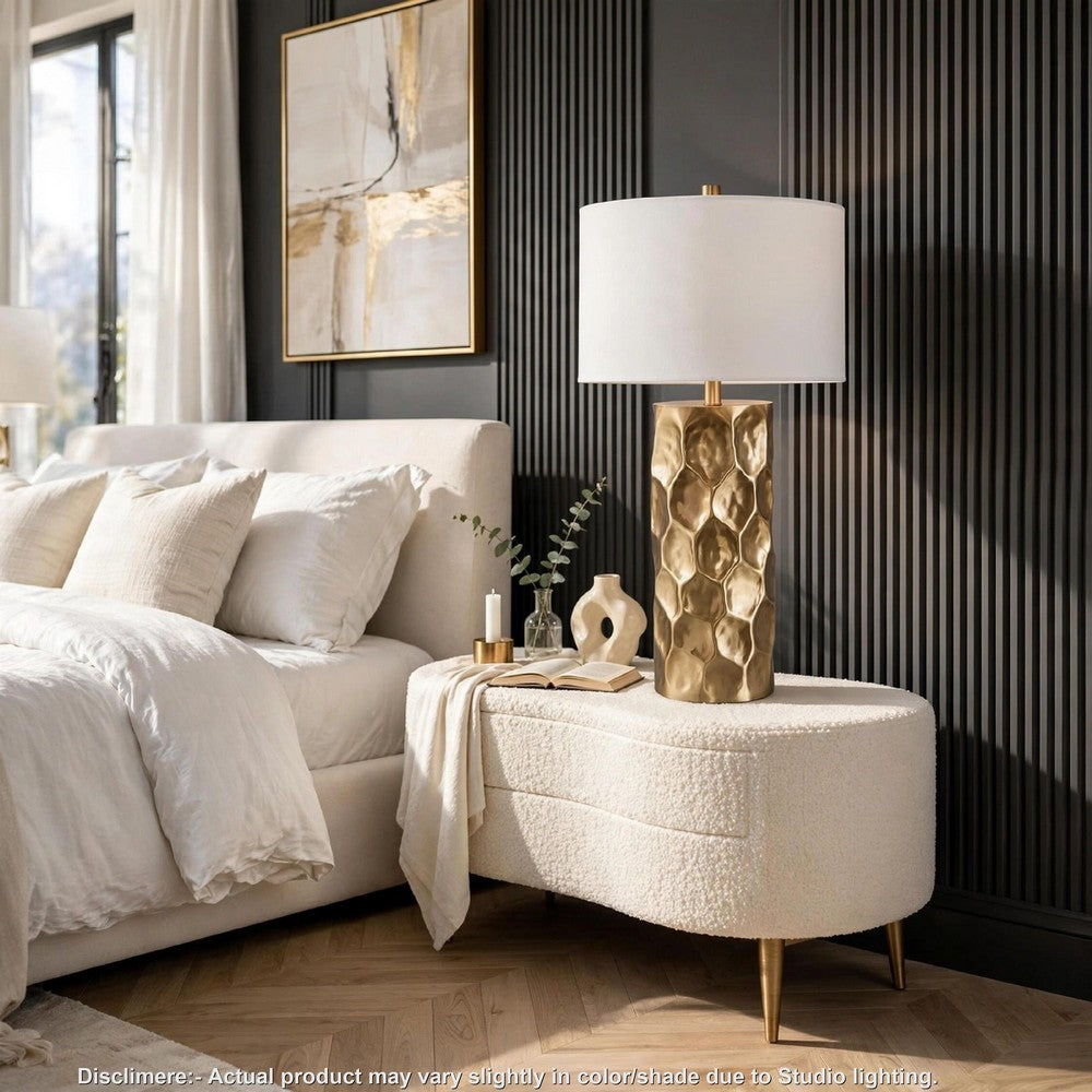 Mepy Table Lamp | Gold Metal Hammered Base | White Drum Shade | 34"