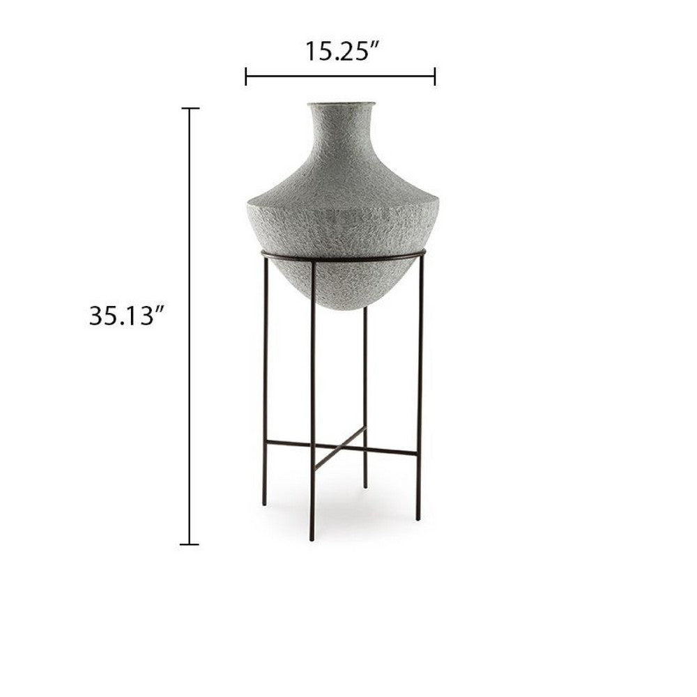Esta Pottery Style Vase w Stand | Distressed Cream | Espresso Brown 35"