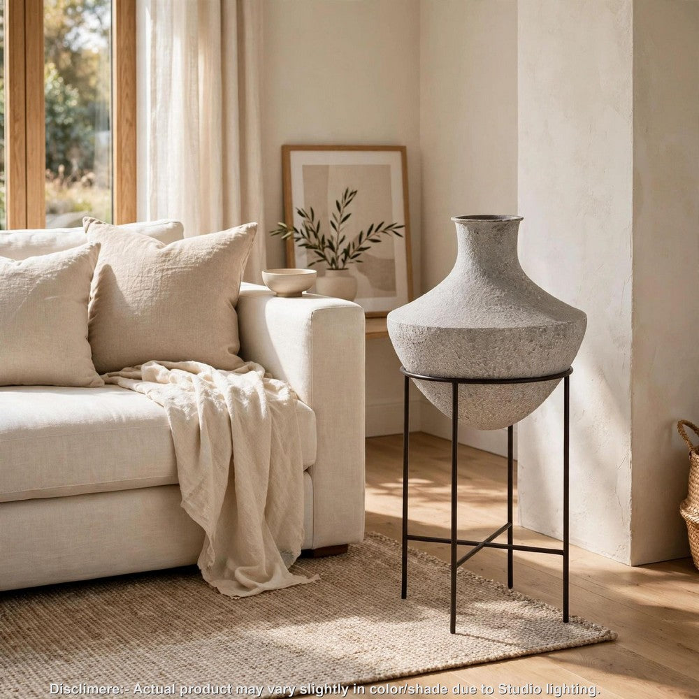 Esta Pottery Style Vase w Stand | Distressed Cream | Espresso Brown 35"