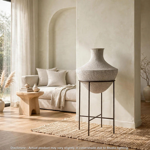 Esta Pottery Style Vase w Stand | Distressed Cream | Espresso Brown 35"