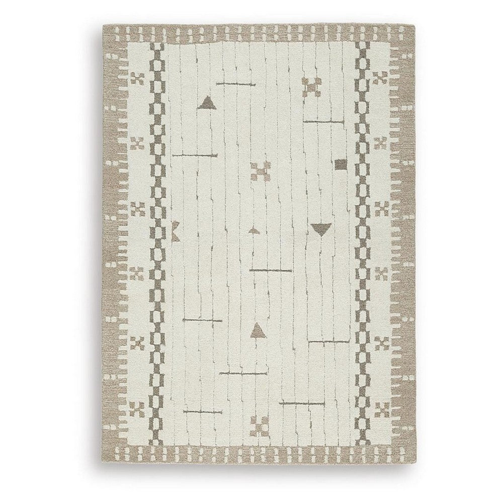Dotty Medium Area Rug | Taupe Geometric Border Design | Cream Wool 5 x 7