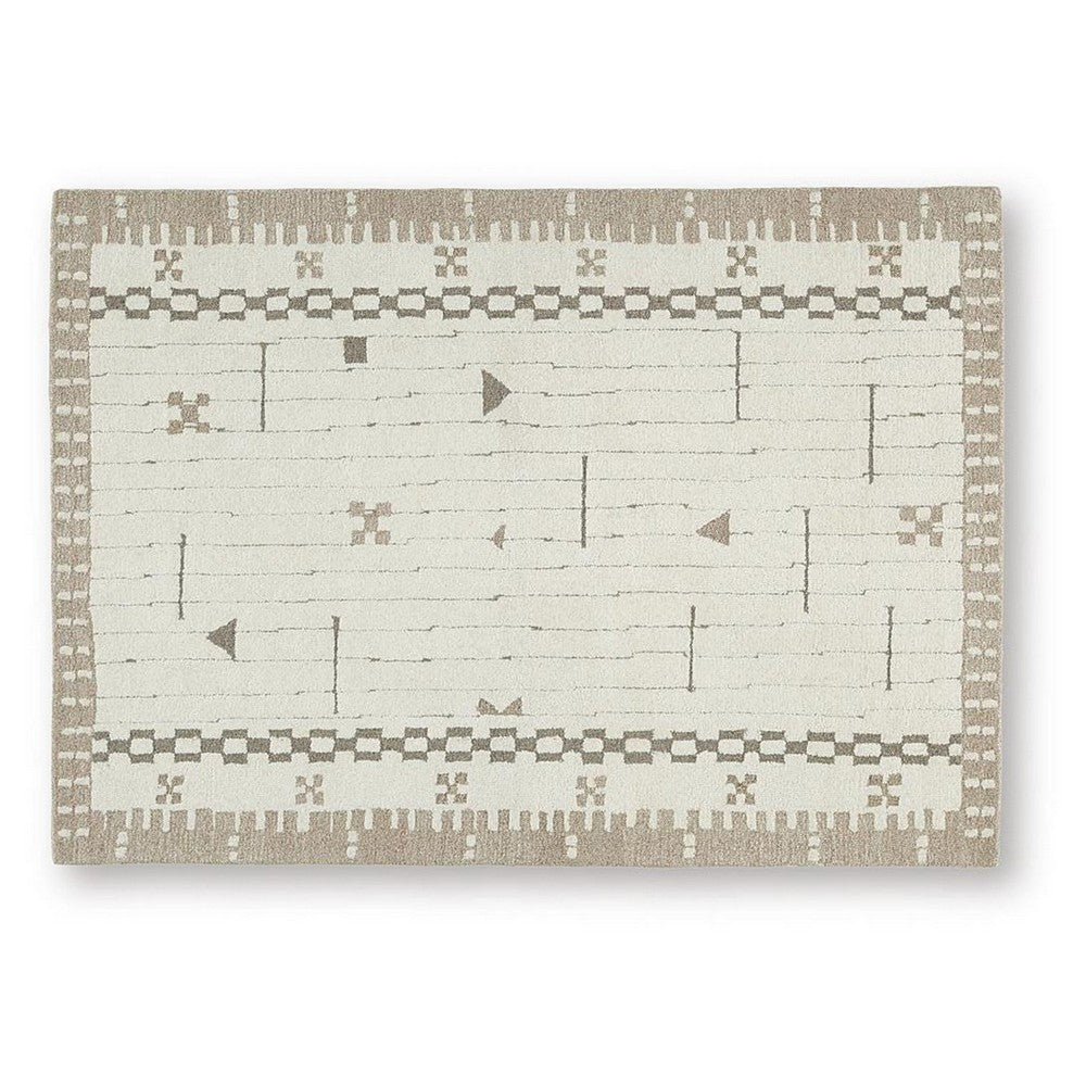 Dotty Medium Area Rug | Taupe Geometric Border Design | Cream Wool 5 x 7