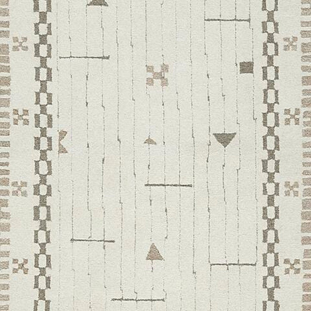 Dotty Medium Area Rug | Taupe Geometric Border Design | Cream Wool 5 x 7