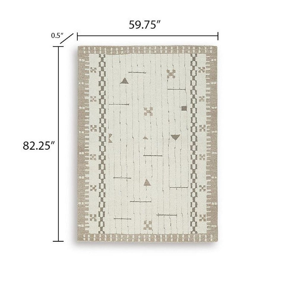 Dotty Medium Area Rug | Taupe Geometric Border Design | Cream Wool 5 x 7