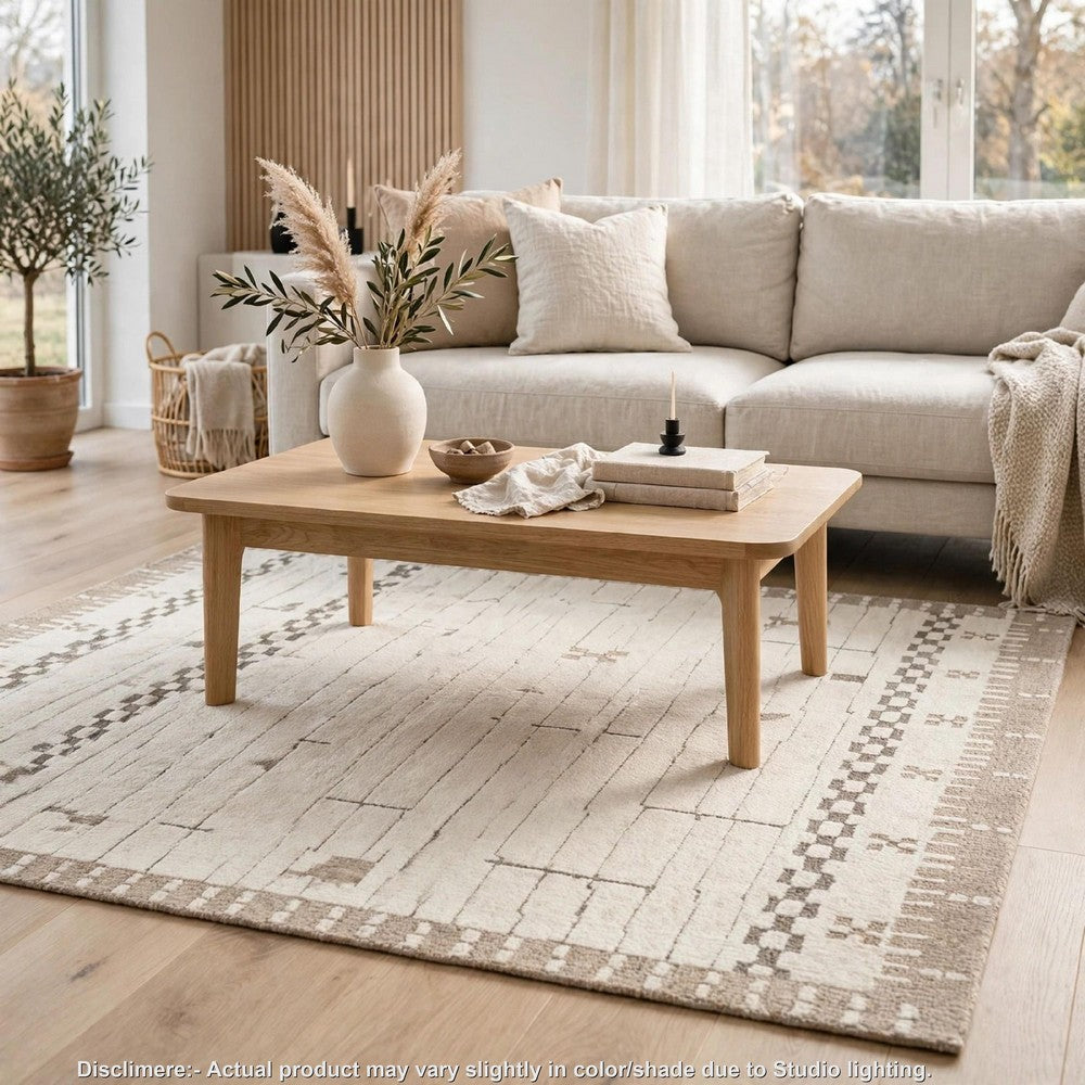 Dotty Medium Area Rug | Taupe Geometric Border Design | Cream Wool 5 x 7