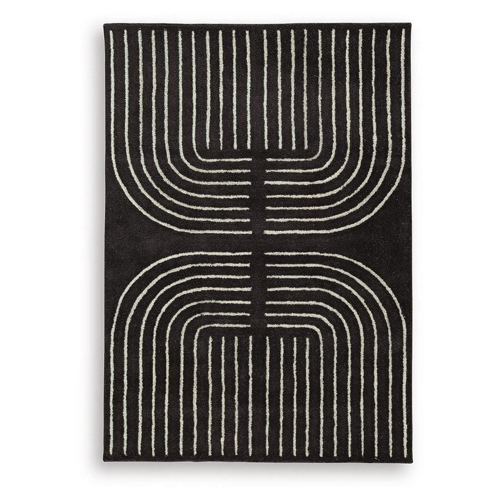 Edon Medium Area Rug with Ivory Geometric Design | Black Tufted Wool 5x7