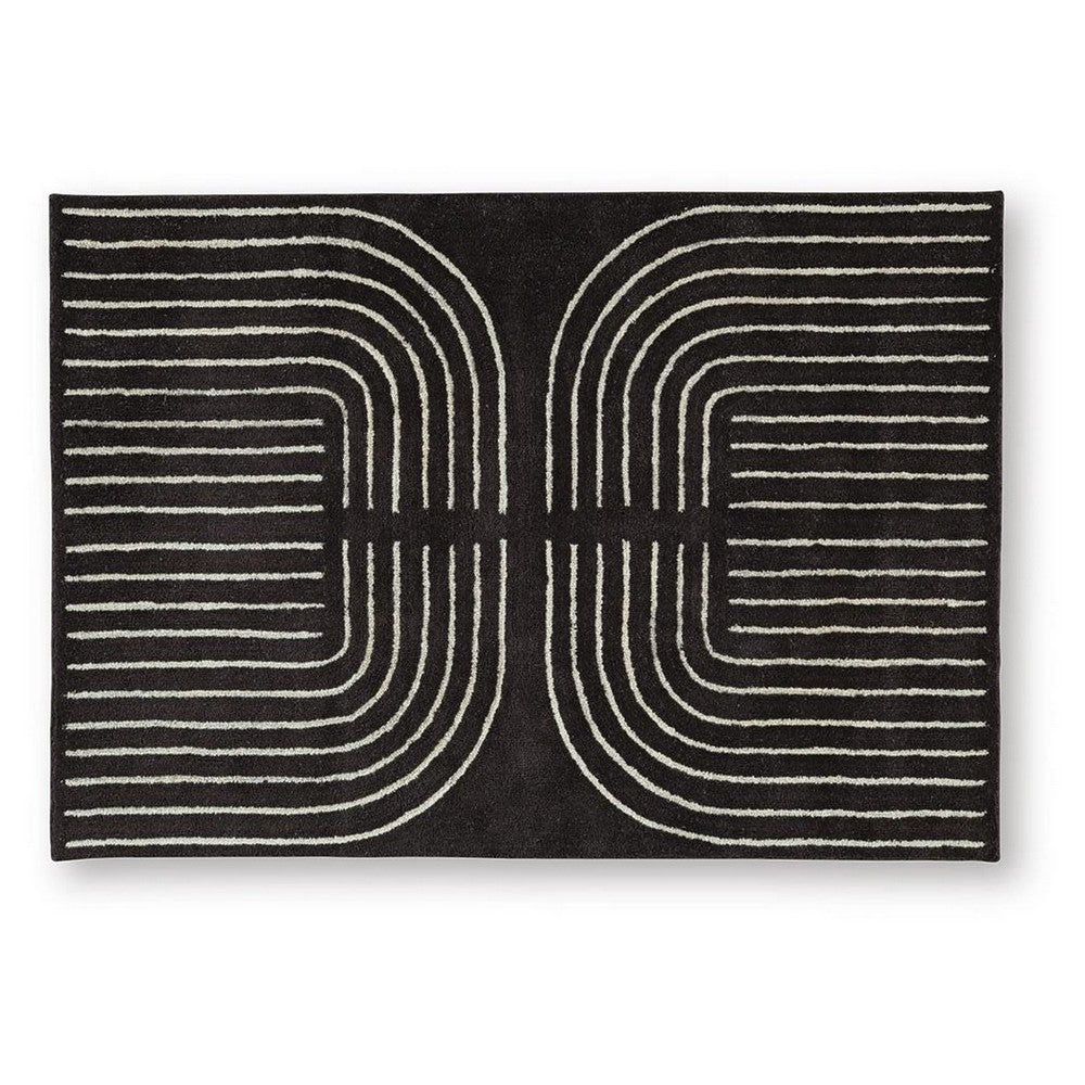 Edon Medium Area Rug with Ivory Geometric Design | Black Tufted Wool 5x7