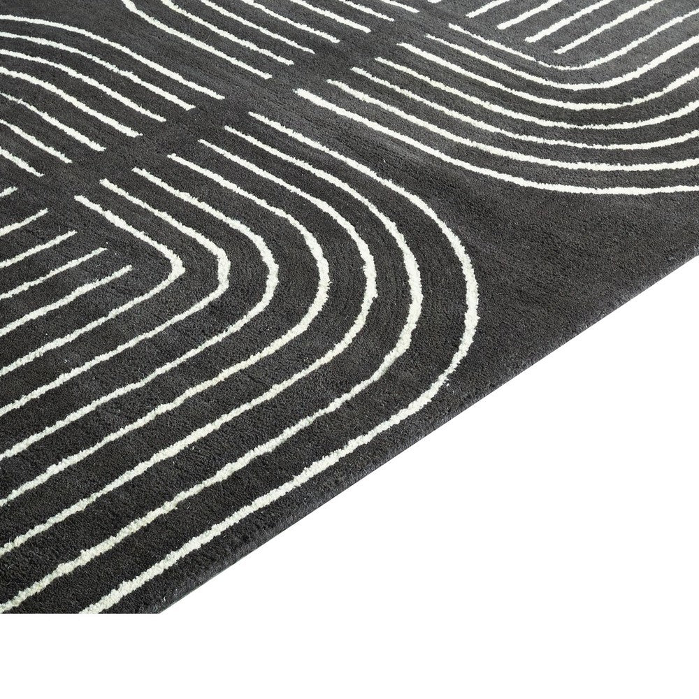 Edon Medium Area Rug with Ivory Geometric Design | Black Tufted Wool 5x7