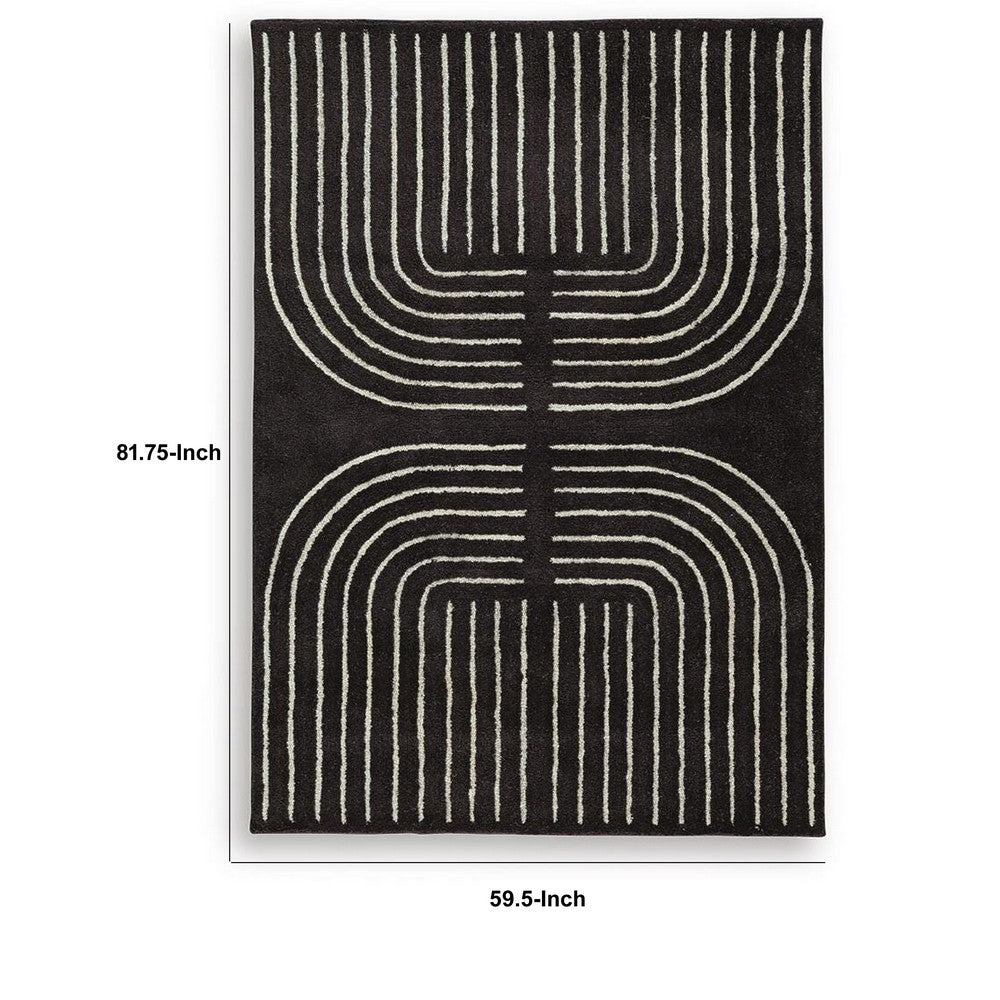Edon Medium Area Rug with Ivory Geometric Design | Black Tufted Wool 5x7
