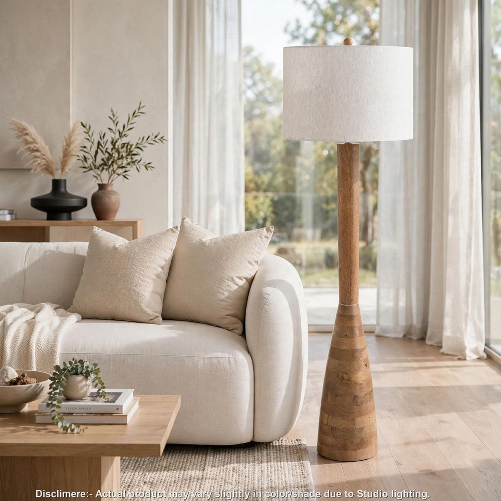 Aysa Floor Lamp with Fabric Drum Shade | Natural Brown Tapered Wood 60"