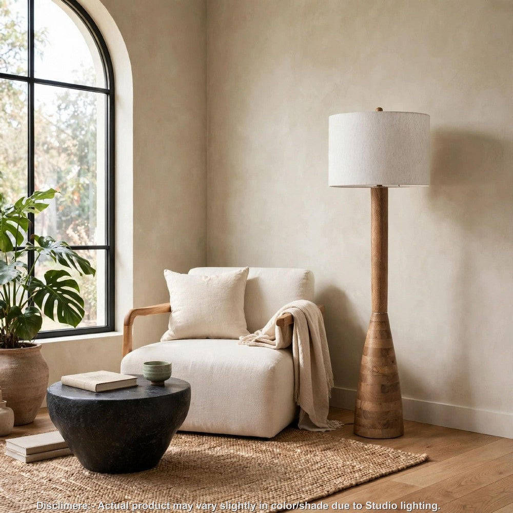 Aysa Floor Lamp with Fabric Drum Shade | Natural Brown Tapered Wood 60"