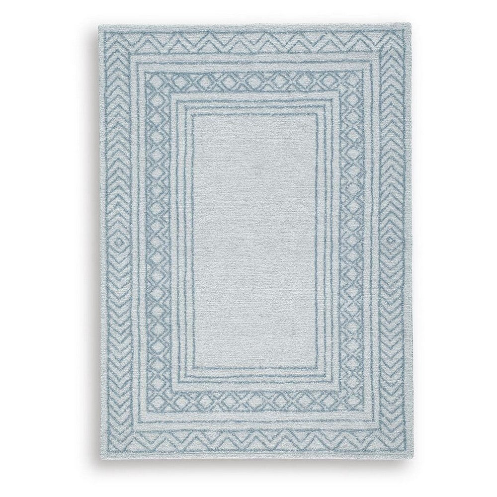 Hazel H&-Tufted Medium Area Rug | Blue Geometric Border | Ivory-Gray Wool 5x7